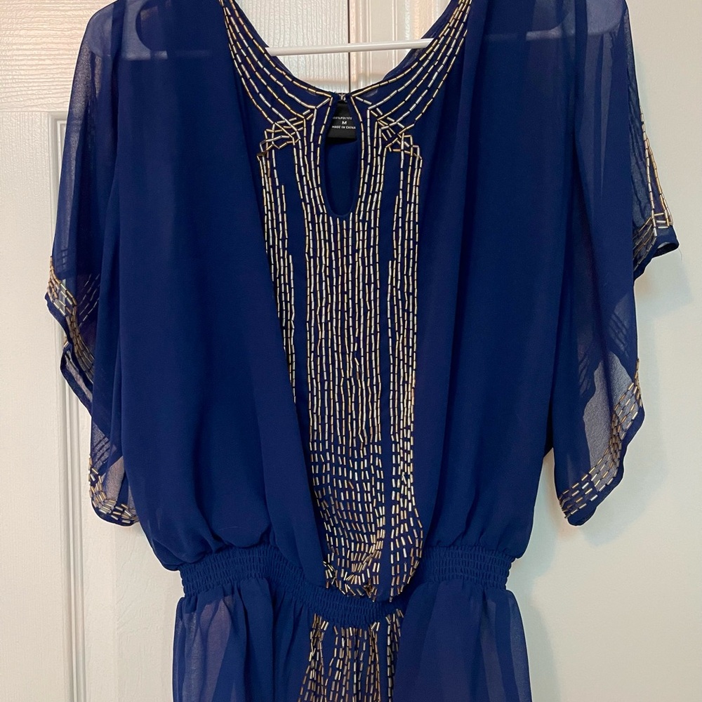Moda International Navy Blue Blouse with Silver and Gold Beading